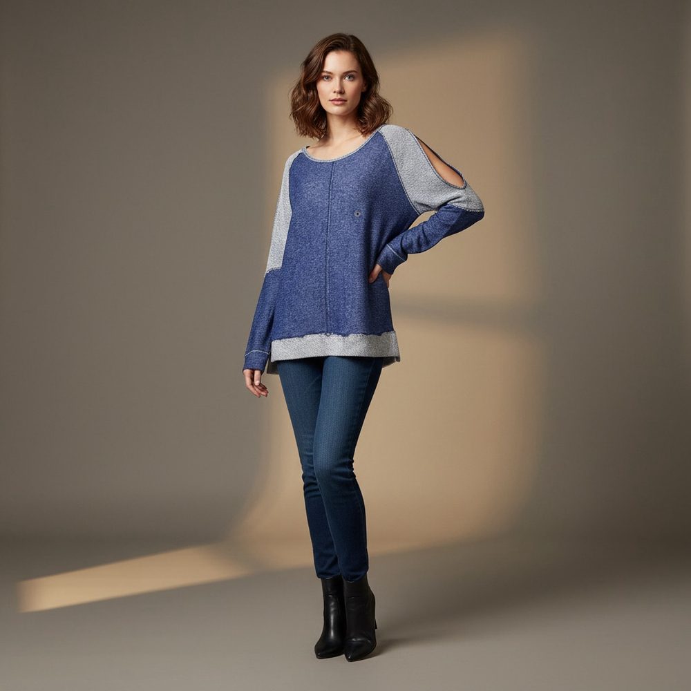 Live Love Dream Blue ColorBlock Two Tone Distressed Cold Shoulder Sweater Medium